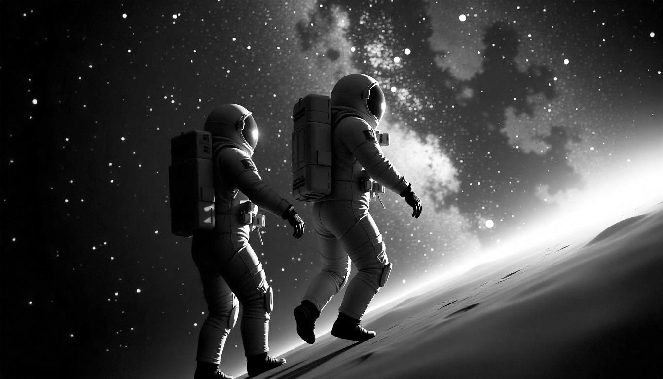 Schwarz-weiß Bild von zwei Astronauten im All.